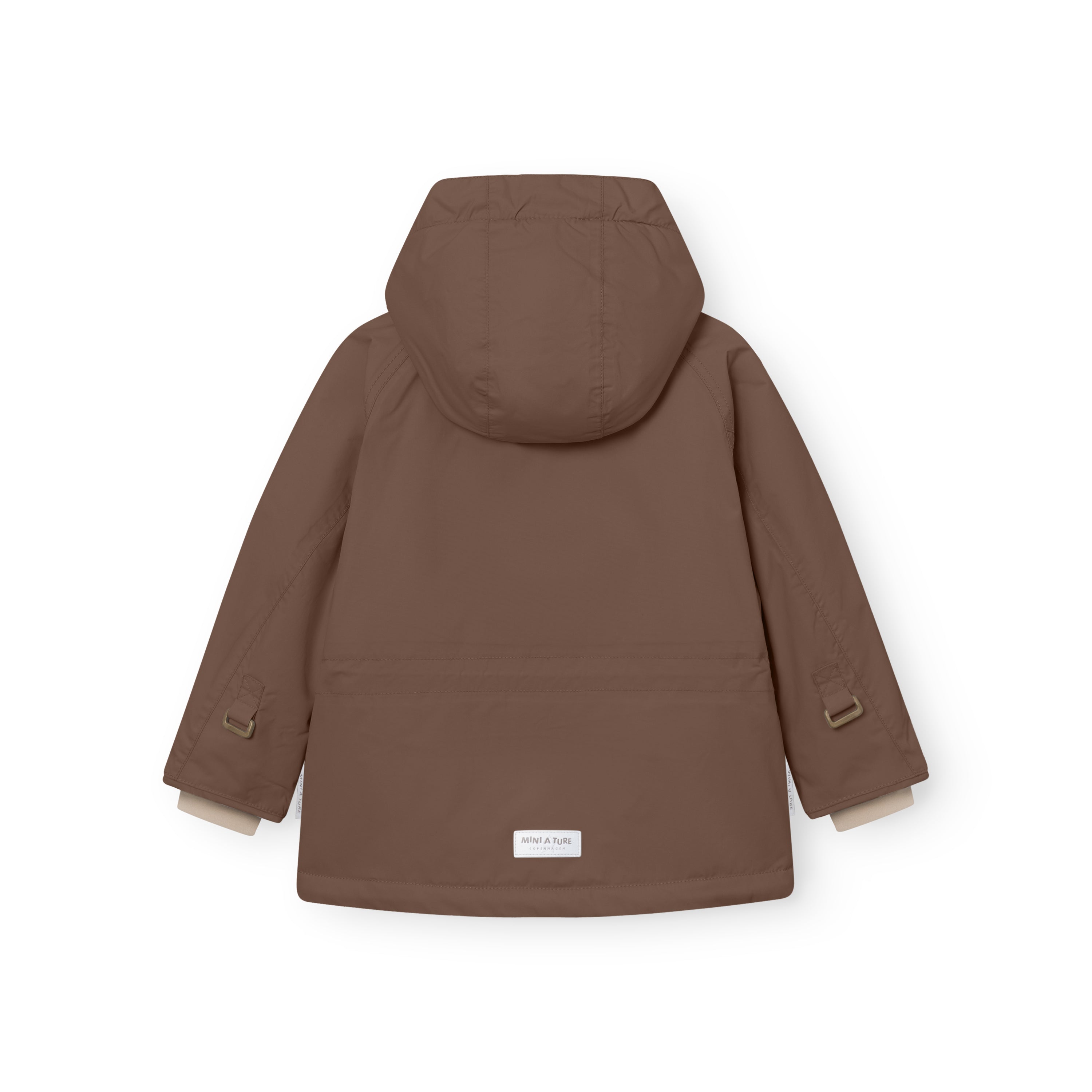 Rear view of the MATWALLY fleece lined winter jacket in brown, showing the detachable hood with snap button fastening, adjustable snow cuffs with hook-and-loop tabs at the wrists and the MINI A TURE woven label at the centre back hem.