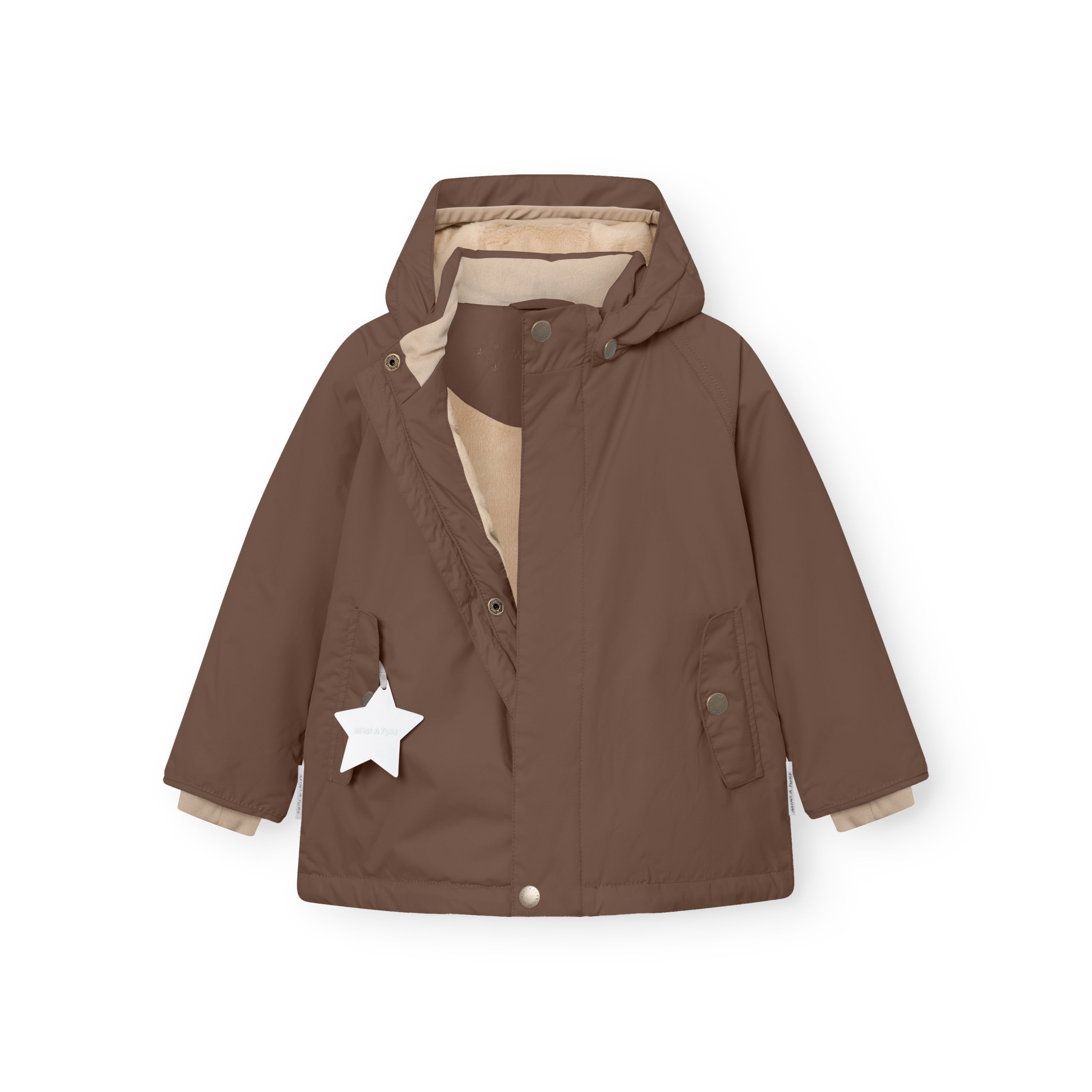 Front view of the MATWALLY fleece lined winter jacket in brown with the hidden centre-front zip partially unfastened, exposing the beige fleece lining inside the collar and placket, detachable hood with snap buttons and white reflective star hanging from the left pocket.