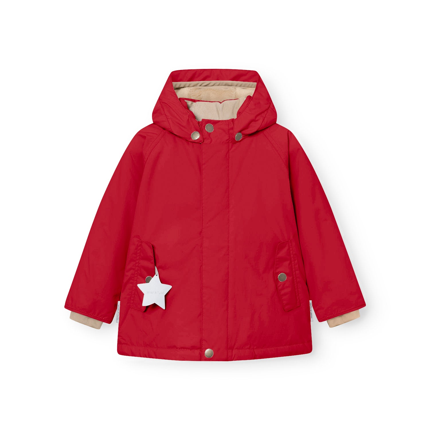 Front view of the MATWALLY fleece lined winter jacket in red, showing the detachable hood with snap button fastening, concealed centre-front zip beneath a snap button placket, angled front pocket with snap closure and white reflective star hanging from the left pocket.