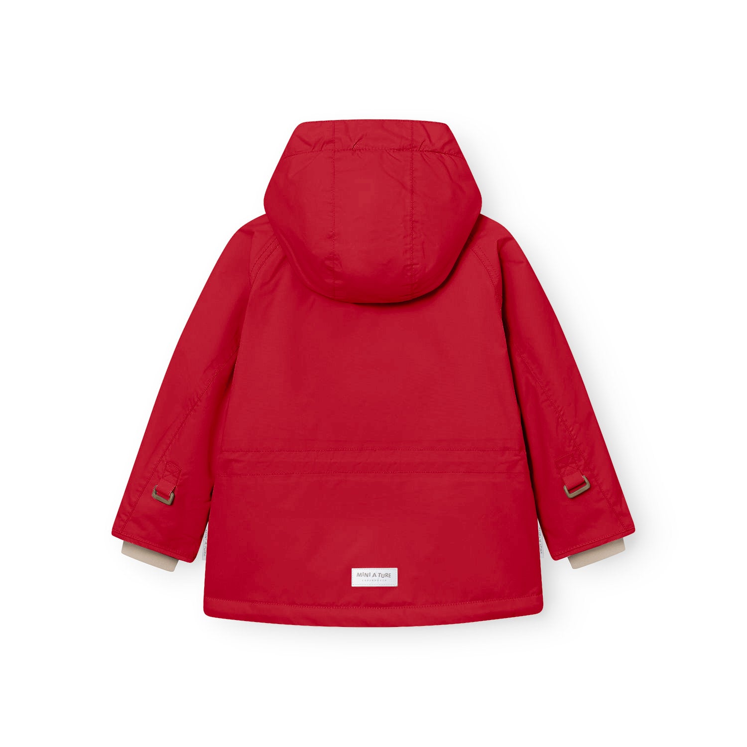 Rear view of the MATWALLY fleece lined winter jacket in red, displaying the detachable hood with snap button fastening, adjustable snow cuffs with metal D-rings and fabric tabs at both wrists, and the white MINI A TURE woven label at the centre back hem.