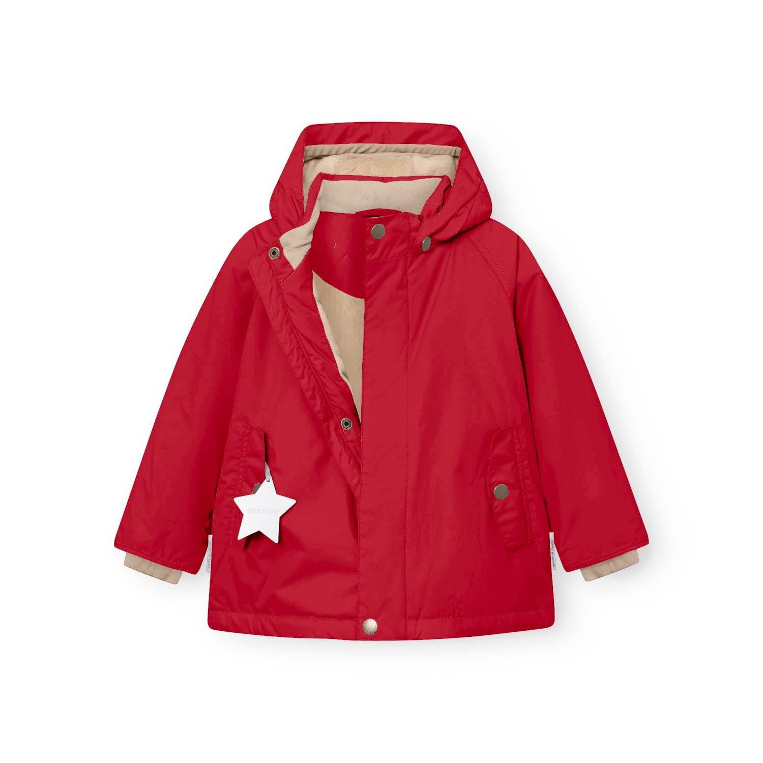 Front view of the MATWALLY fleece lined winter jacket in red with the hidden centre-front zip partially open, revealing the beige fleece lining inside the collar and placket, detachable hood with snap button fastening and white reflective star hanging from the left pocket.