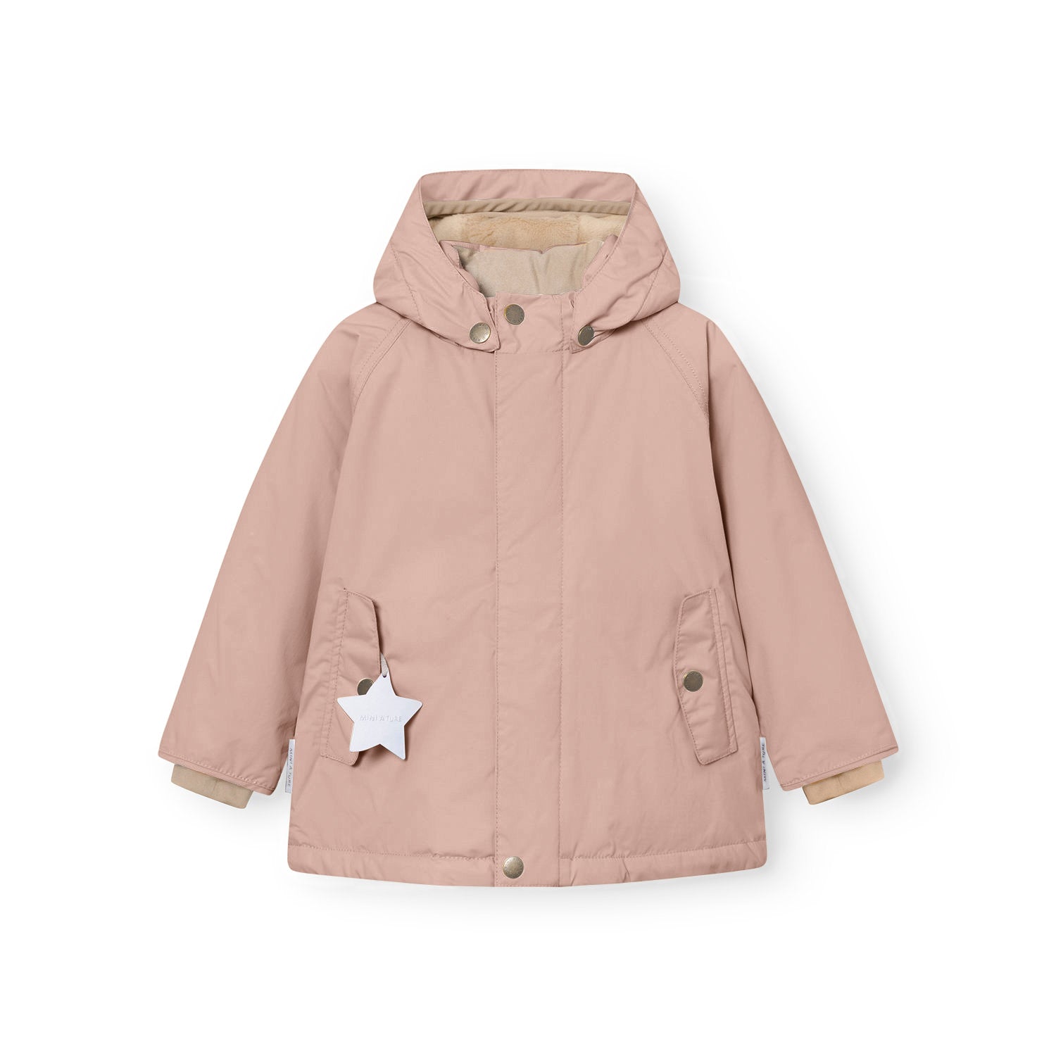Front view of the MATWALLY fleece lined winter jacket in dusty pink, featuring a detachable hood secured with metal snap buttons, concealed centre-front zip beneath a snap button placket, two angled front pockets with snap closures and a white reflective star hanging from the left pocket.