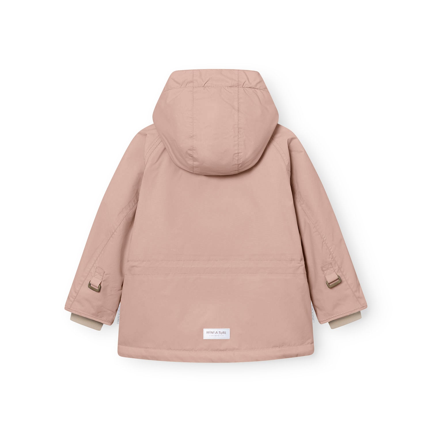 Rear view of the MATWALLY fleece lined winter jacket in dusty pink, showing the detachable hood secured with metal snap buttons, adjustable snow cuffs with metal D-rings and fabric tabs at both wrists, and the white MINI A TURE woven label at the centre back hem.