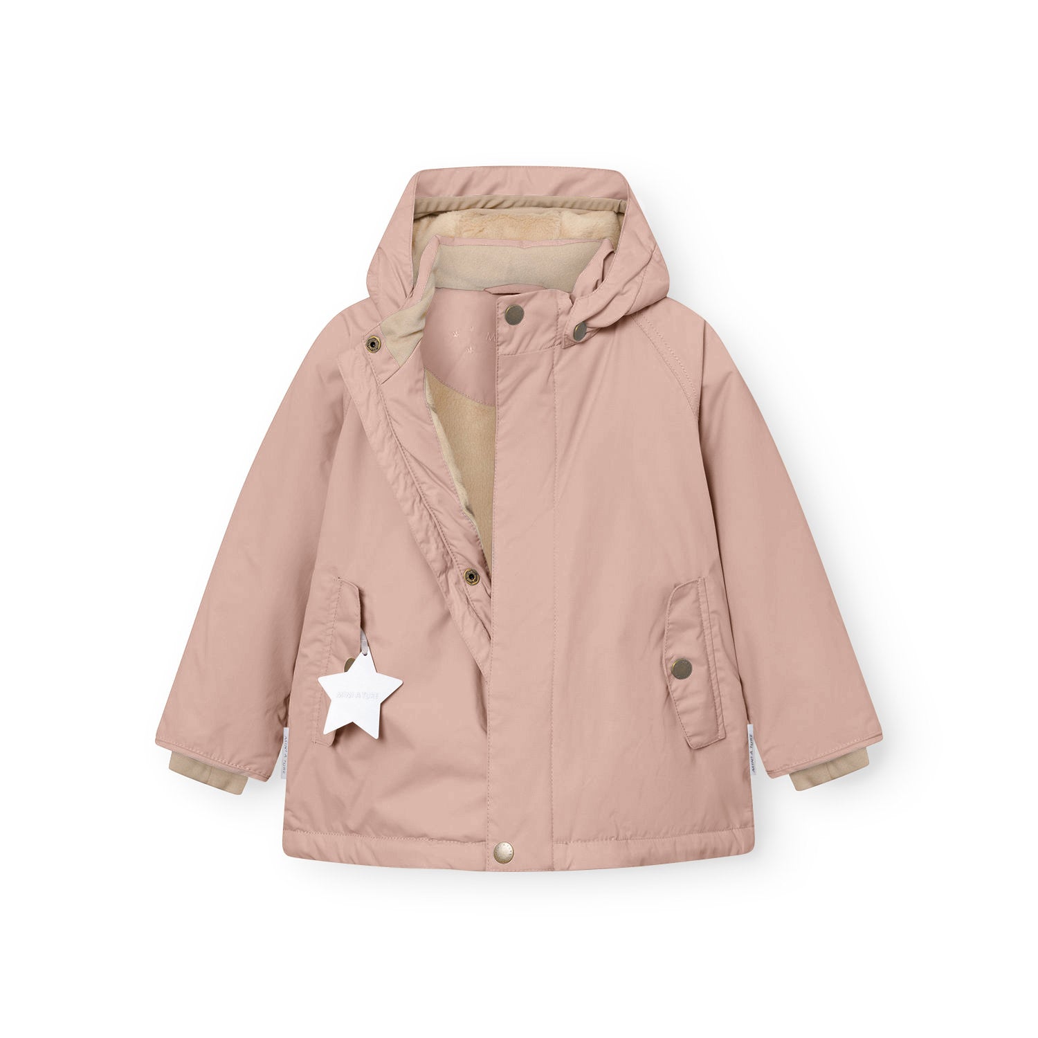 MATWALLY fleece lined winter jacket in dusty pink with the concealed centre-front zip fully open, revealing the beige fleece lining throughout the interior, detachable hood with metal snap buttons, angled front pockets with snap closures and a white reflective star hanging from the left pocket.