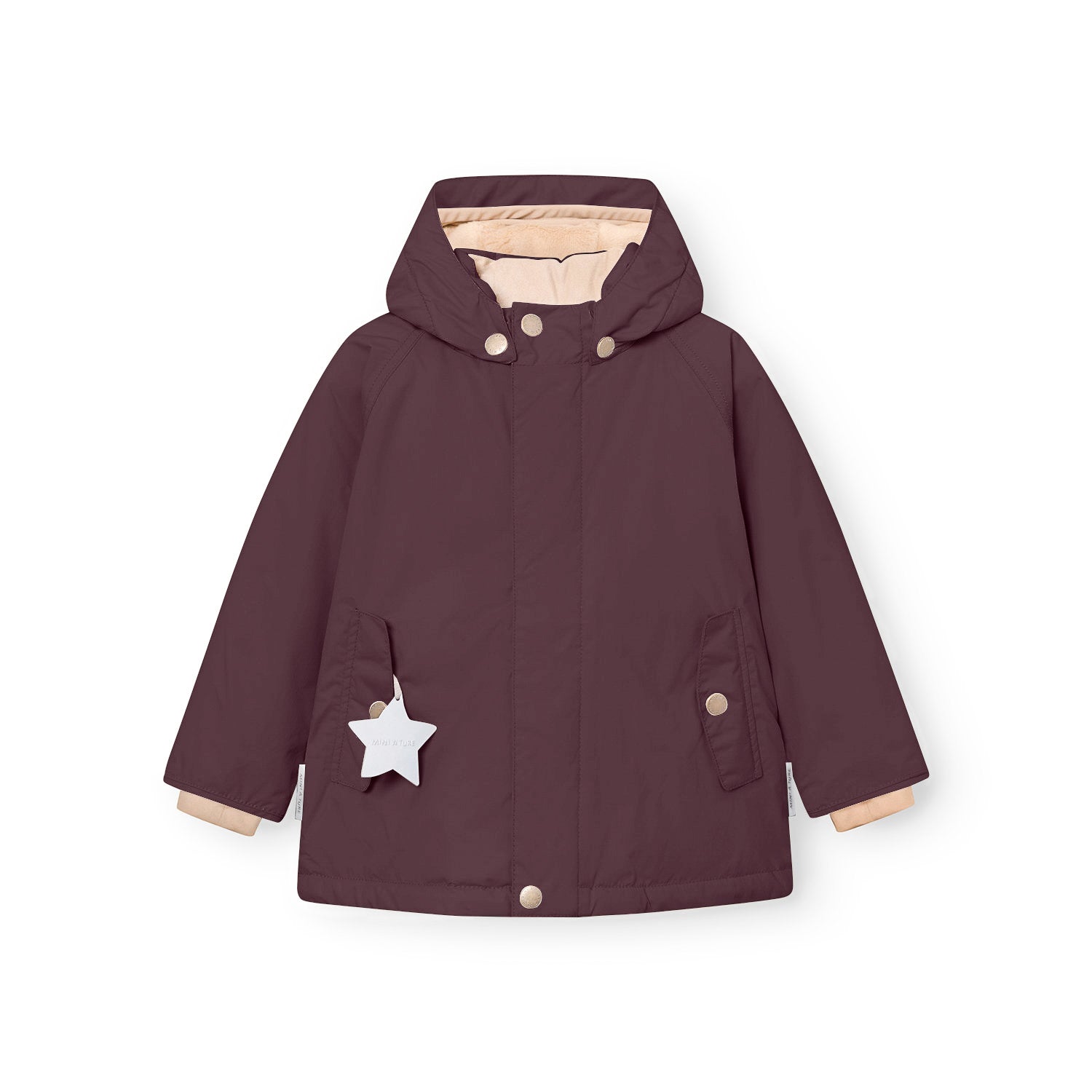 MATWALLY fleece lined winter jacket in deep burgundy with detachable hood secured by metal snap buttons, angled front pockets with snap closures, beige fleece lining visible at the collar and cuffs, and a white reflective star hanging from the left pocket.