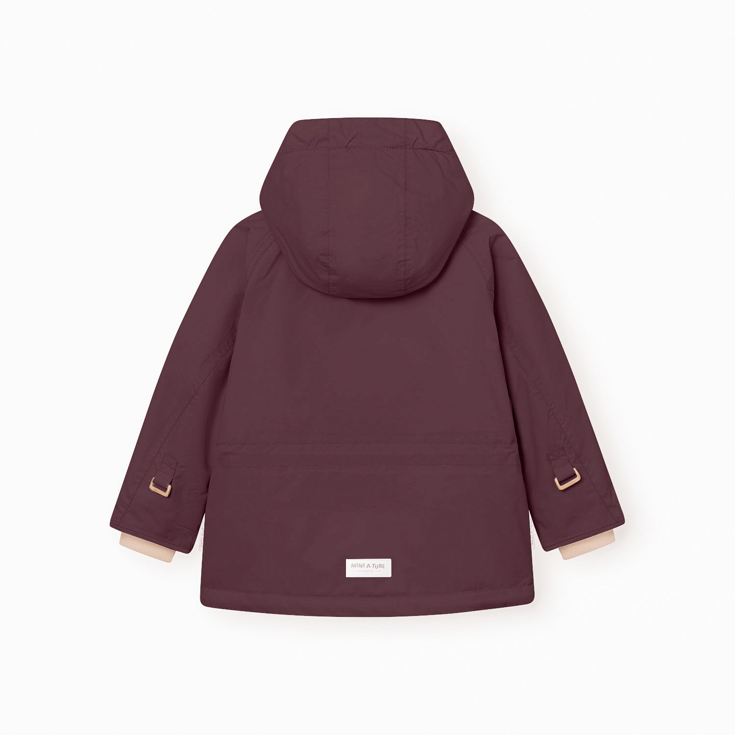 Rear view of the MATWALLY fleece lined winter jacket in deep burgundy, displaying the detachable hood, beige fleece lining visible at the cuffs, metal D-rings and fabric tabs at both wrists for snow cuff adjustment, and the white MINI A TURE woven label at the centre back hem.