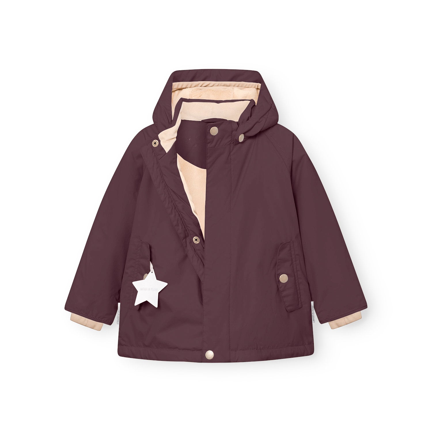 MATWALLY fleece lined winter jacket in deep burgundy with the concealed centre-front zip partially open, showing the beige fleece lining at the collar and cuffs, detachable hood with metal snap buttons, angled front pockets with snap closures and a white reflective star hanging from the left pocket.