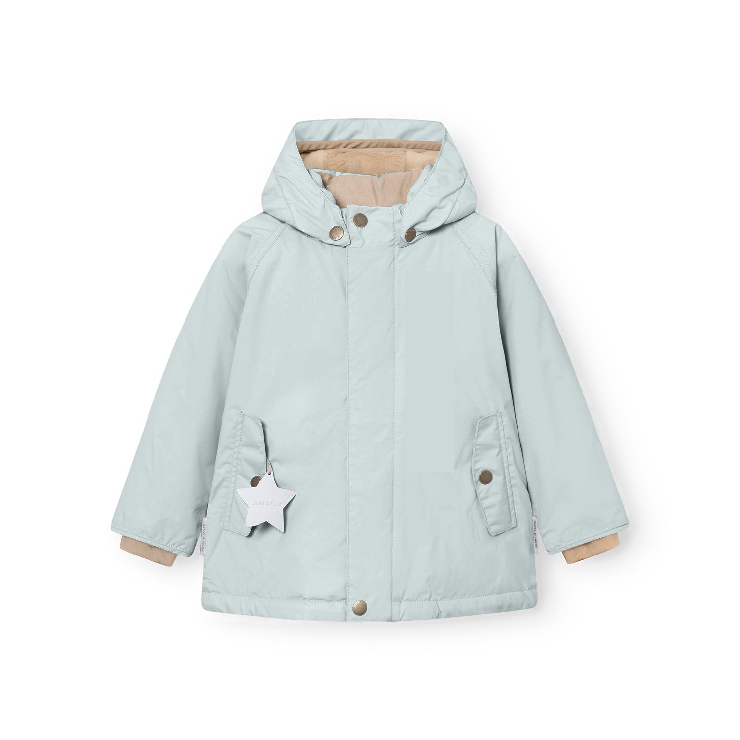 MATWALLY fleece lined winter jacket in pale mint green with detachable hood secured by metal snap buttons, concealed centre-front zip, angled front pockets with snap closures, beige fleece lining visible at the collar and cuffs, and a white reflective star hanging from the left pocket.