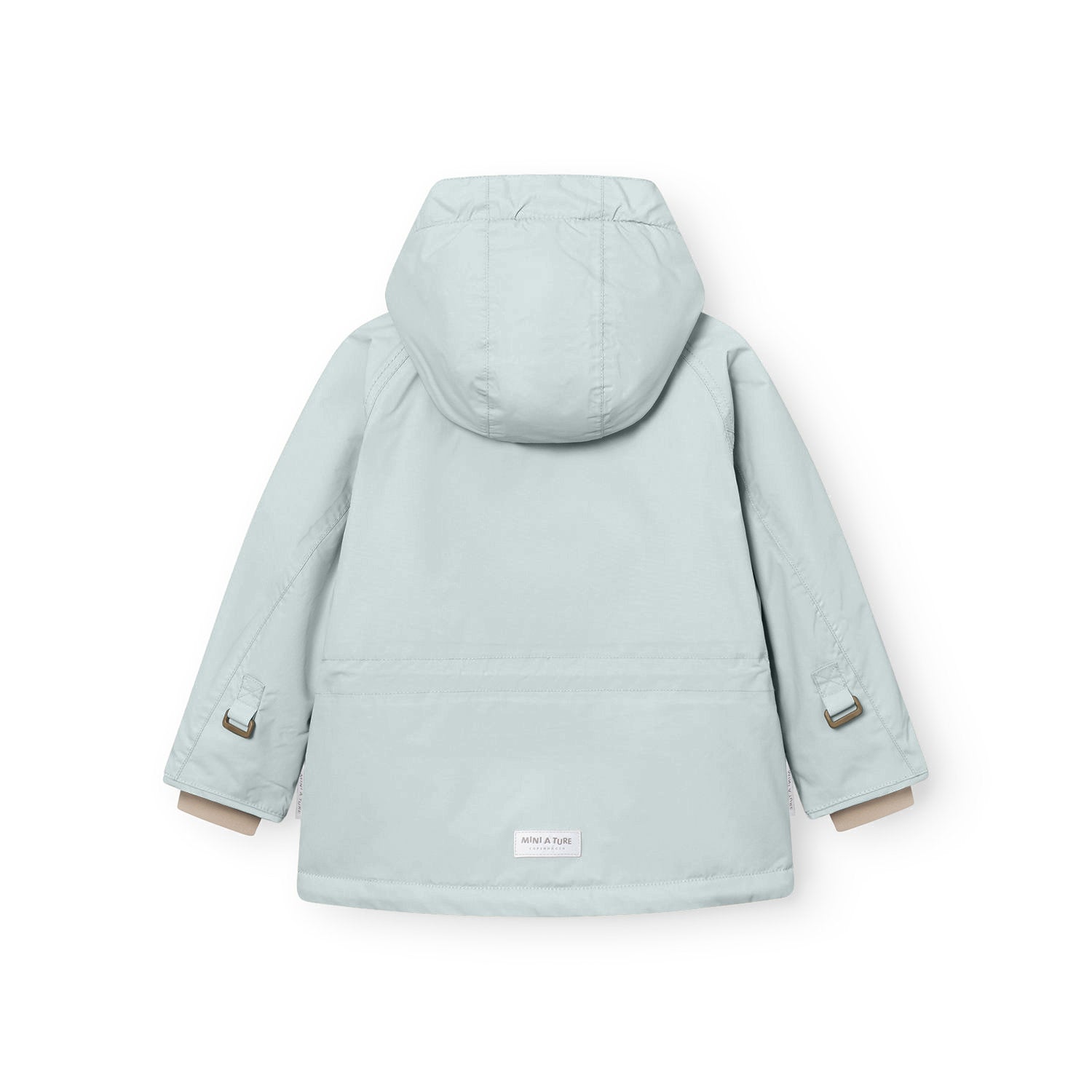 Rear view of the MATWALLY fleece lined winter jacket in pale mint green, showing the detachable hood, metal D-rings with fabric tabs at both wrists for snow cuff adjustment, beige fleece lining visible at the cuffs and the white MINI A TURE woven label at the centre back hem.