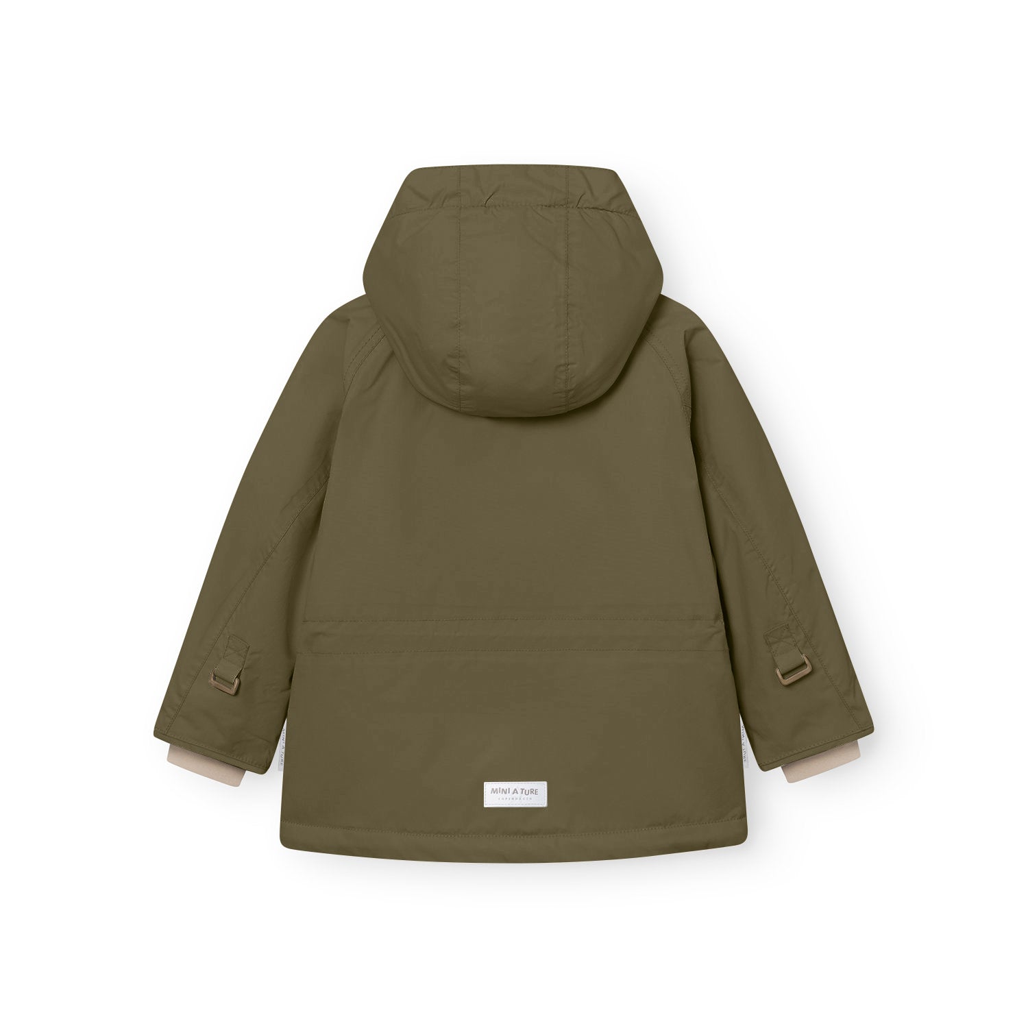 Back view of the MATWALLY fleece lined winter jacket in olive green, displaying the detachable hood with snap buttons, snow cuffs with thumb openings and MINI A TURE label at the hem.