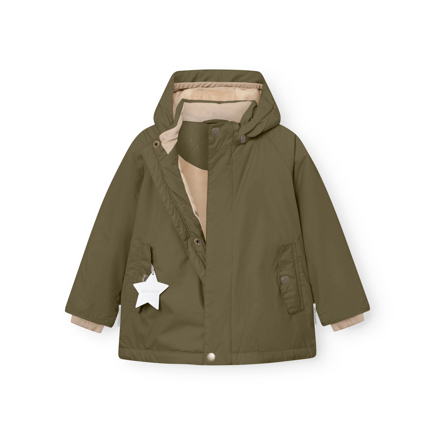 Close-up detail of the MATWALLY fleece lined winter jacket showing the soft fleece lining in beige, hidden centre-front zip partially open, detachable hood with snap button fastening and the white reflective star on the right pocket.
