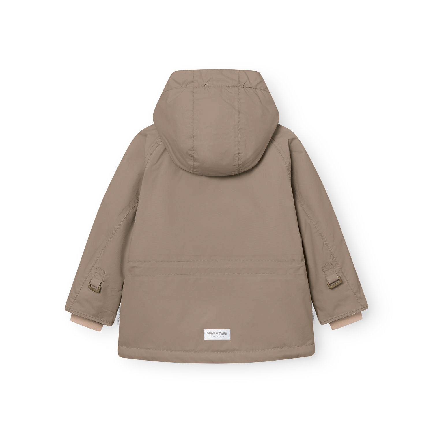Rear view of the MATWALLY fleece lined winter jacket in taupe, displaying the detachable hood with snap button fastening, adjustable snow cuffs with hook-and-loop tabs and the MINI A TURE woven label at the hem.