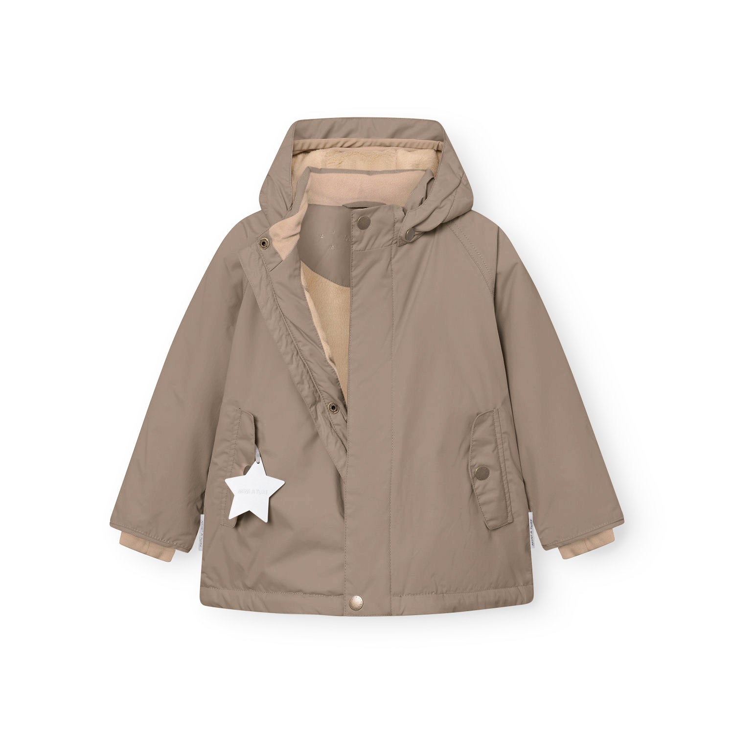 Front view of the MATWALLY fleece lined winter jacket in taupe with the hidden centre-front zip partially open, revealing the beige fleece lining, detachable hood with snap buttons and white reflective star hanging from the left pocket.