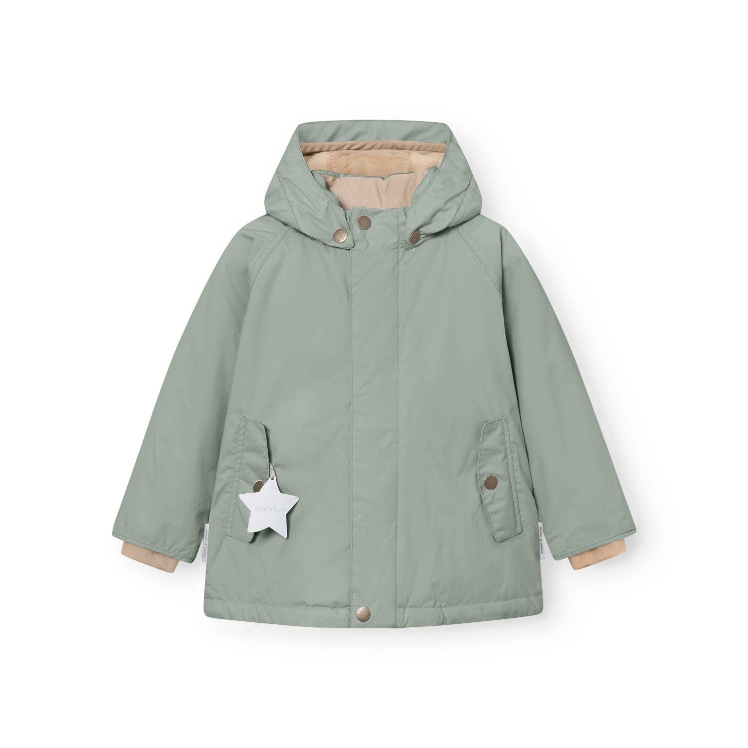 Front view of the MATWALLY fleece lined winter jacket in sage green, displaying the detachable hood with snap button fastening, concealed centre-front zip beneath a snap button placket, two angled front pockets with snap closures and white reflective star hanging from the left pocket.