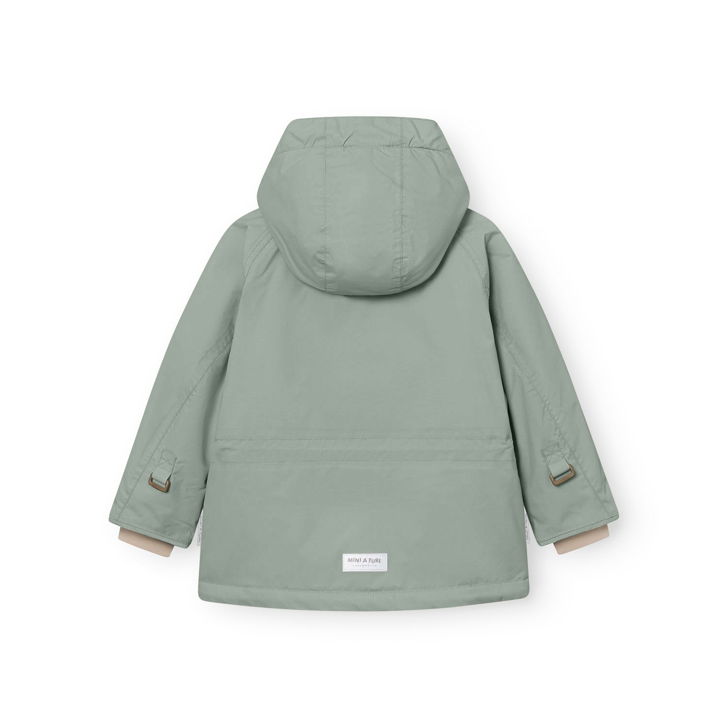 Rear view of the MATWALLY fleece lined winter jacket in sage green, showing the detachable hood with snap button fastening, adjustable snow cuffs with metal D-rings and fabric tabs at both wrists, and the white MINI A TURE woven label at the centre back hem.