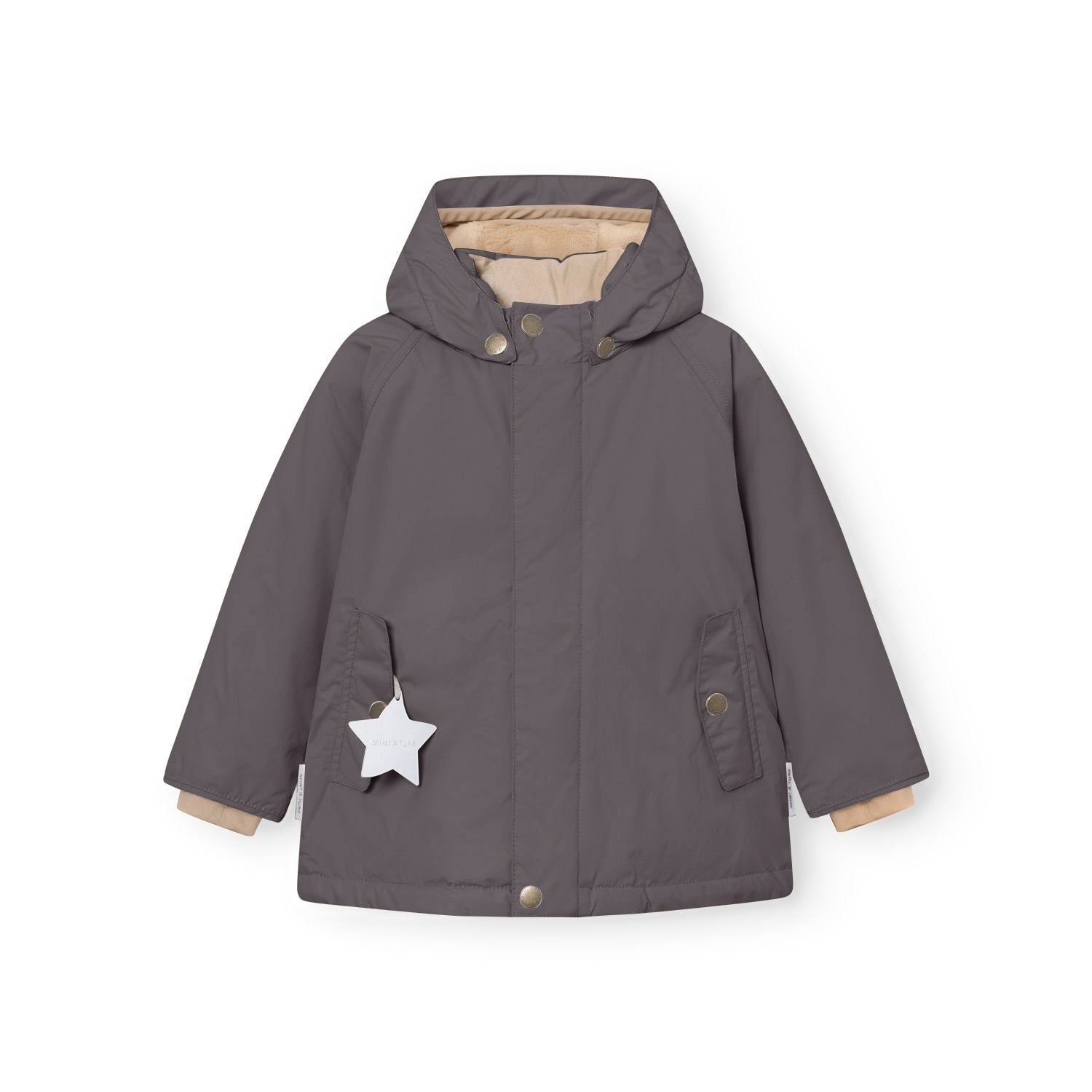 MATWALLY fleece lined winter jacket in charcoal grey, front view showing the detachable hood secured by three embossed metal snap buttons, concealed centre-front zip, angled front pockets with snap closures, beige fleece lining visible at the cuffs, and a white reflective star hanging from the left pocket.