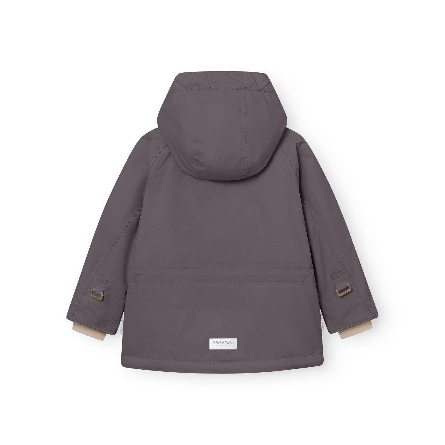 Rear view of the MATWALLY fleece lined winter jacket in charcoal grey, showing the detachable hood, metal D-rings with fabric tabs at both wrists for snow cuff adjustment, beige fleece lining visible at the cuffs, and the white MINI A TURE woven label at the centre back hem.
