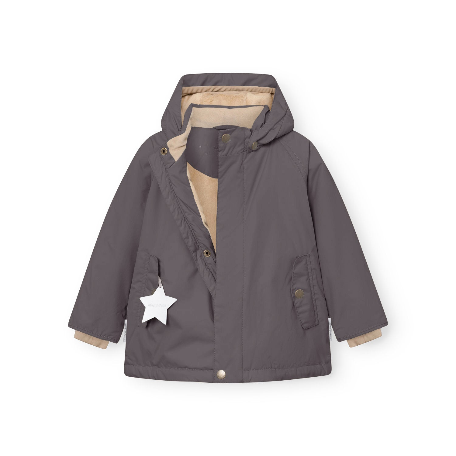 Young child wearing the MATWALLY fleece lined winter jacket in charcoal grey, front view showing the detachable hood, concealed centre-front zip partially open to reveal the beige fleece lining, angled front pockets with snap closures, and a white reflective star hanging from the left pocket.