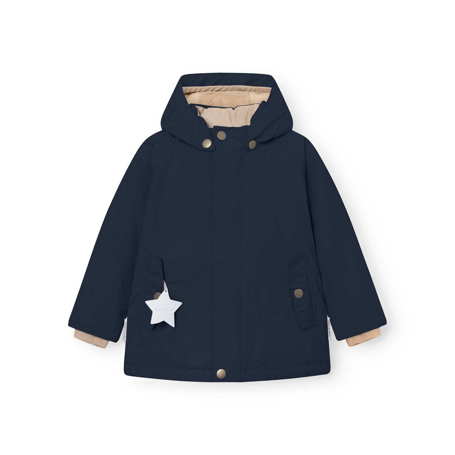 MATWALLY fleece lined winter jacket in navy blue, front view with detachable hood secured by metal snap buttons, angled front pockets with snap closures, beige fleece lining visible at the collar and cuffs, and a white reflective star hanging from the left pocket.