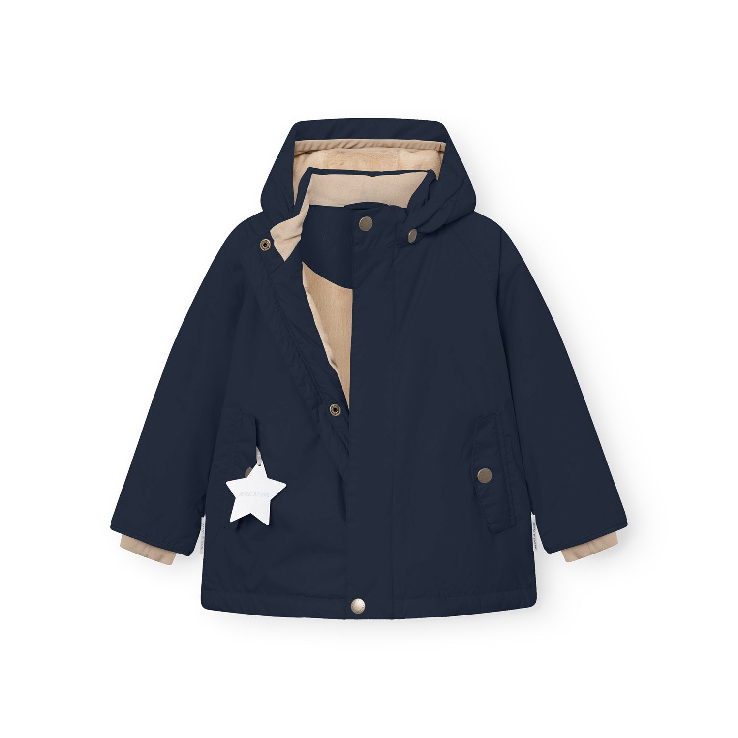 MATWALLY fleece lined winter jacket in navy blue, front view with the concealed zip open to reveal the beige fleece lining and internal elastic waist adjustment, detachable hood secured by metal snap buttons, angled front pockets with snap closures, and a white reflective star hanging from the left pocket.
