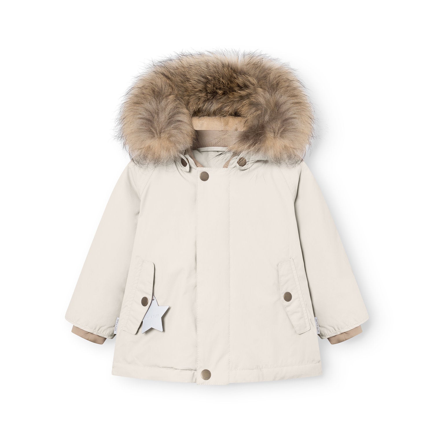MATWALLY fleece lined winter jacket in soft beige with a detachable real fur hood trim, showing the press-stud front closure, angled front pockets with reflective white star detail, and the jacket's relaxed fit for layering.