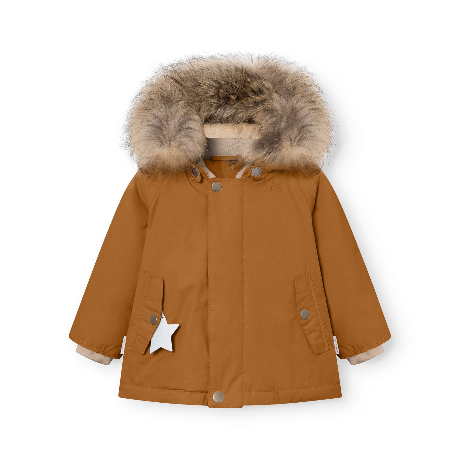 MATWALLY fleece lined winter jacket in warm caramel brown with a detachable real fur hood trim, press-stud front closure, angled front pockets, and a white reflective star charm hanging from the left pocket, displayed flat to show the beige fleece lining visible at the cuffs.