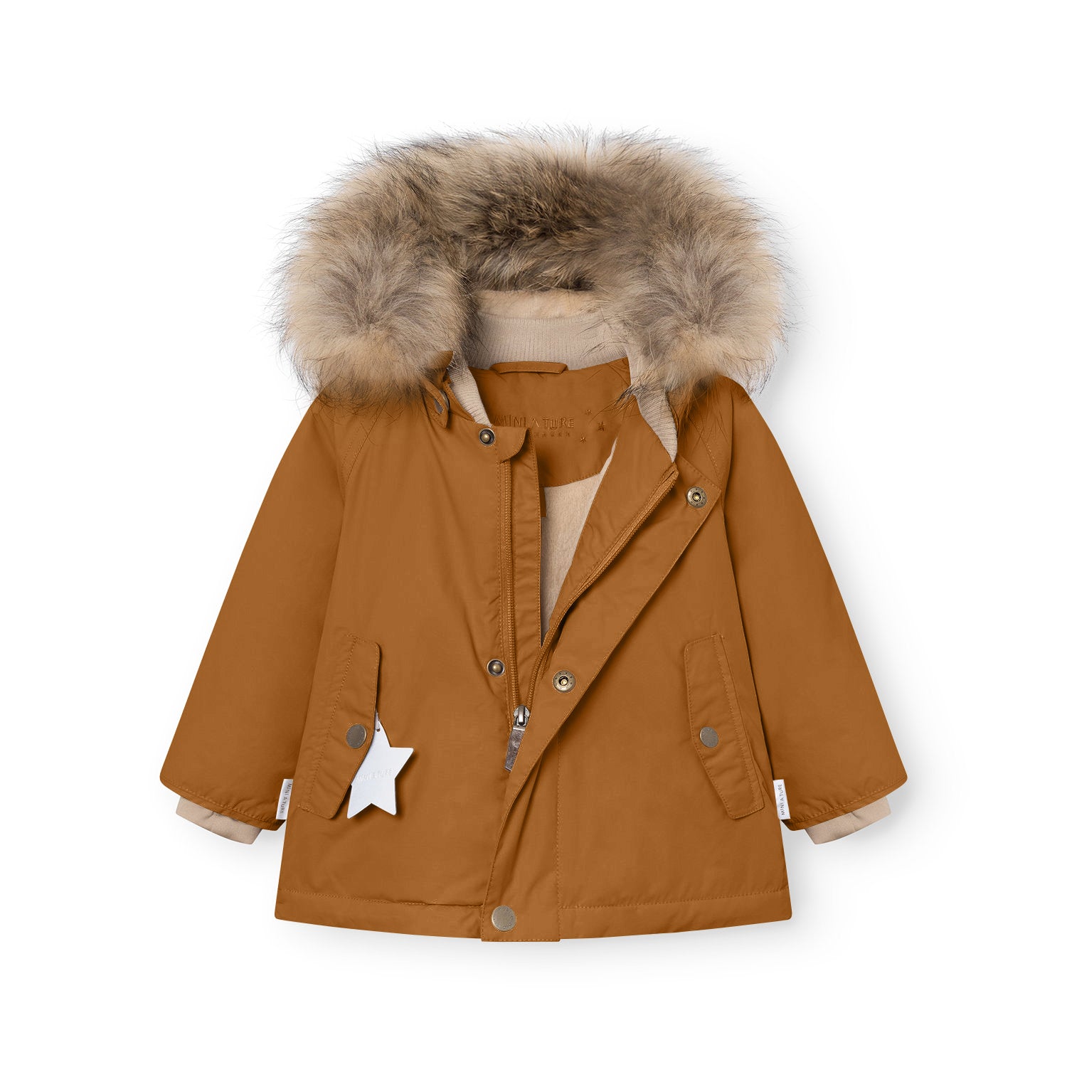 MATWALLY fleece lined winter jacket in warm caramel brown with the hidden centre-front zip partially open, revealing the soft beige fleece lining, ribbed collar, press-stud closure system, angled front pockets, and a white reflective star charm hanging from the left pocket, with the detachable real fur hood trim displayed prominently at the top.