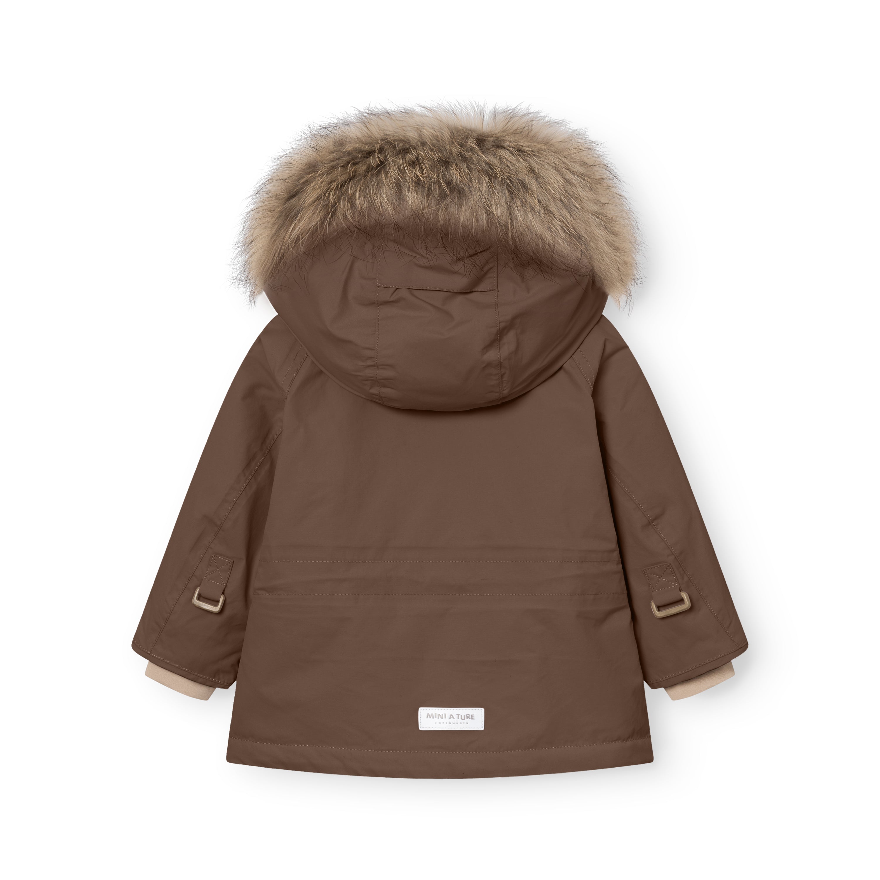 Rear view of the MATWALLY fleece lined winter jacket in warm brown, highlighting the detachable real fur hood trim, shaped sleeves with improved fitting for natural movement, branded MINI A TURE label at the hem, and beige fleece lining visible at the cuffs and collar edge.