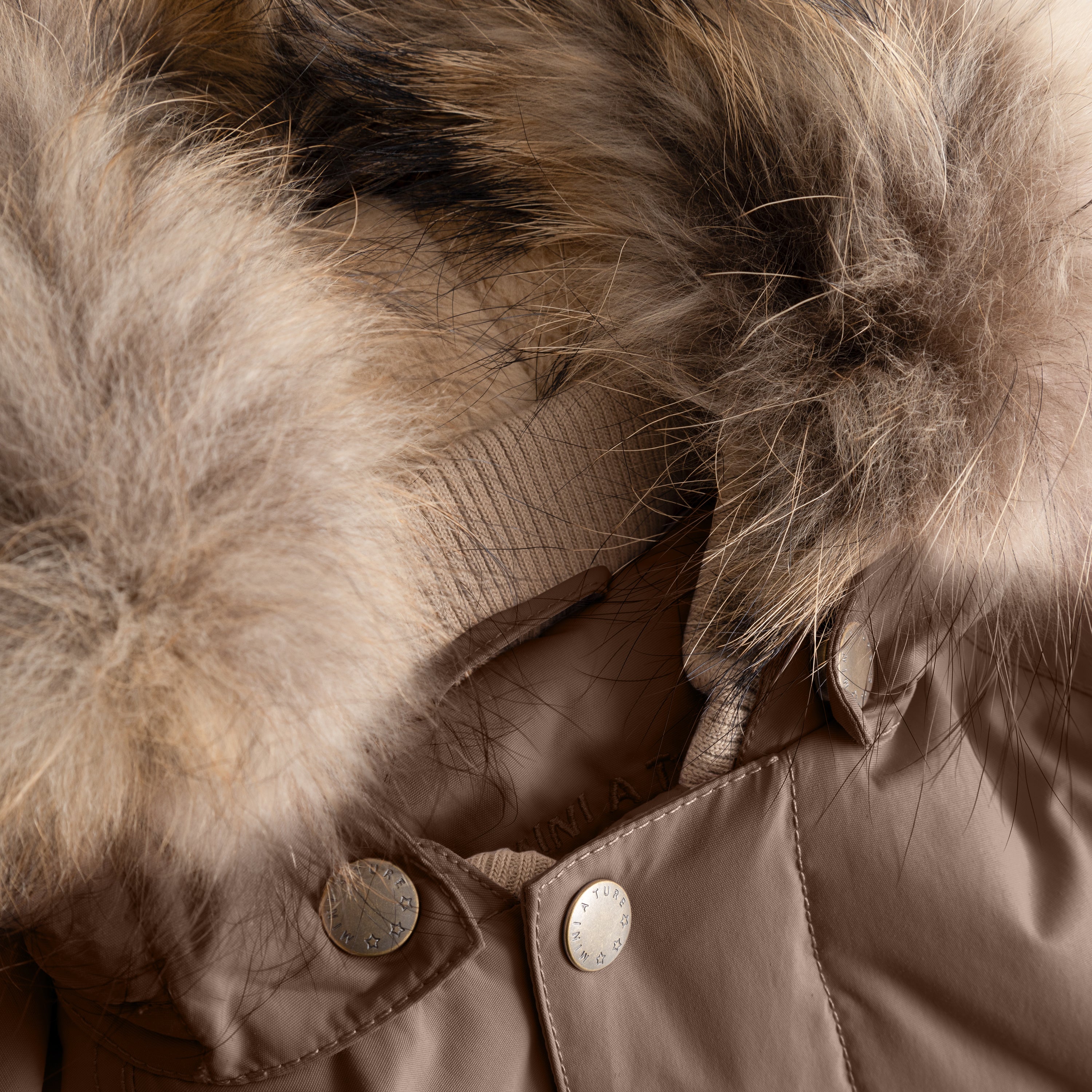 Interior detail of the MATWALLY fleece lined winter jacket showing the hidden zip attachment system for the detachable real fur hood trim, with branded press studs visible on the taupe-coloured inner lining and the natural fur displaying its multi-tonal texture against the jacket's inner construction.