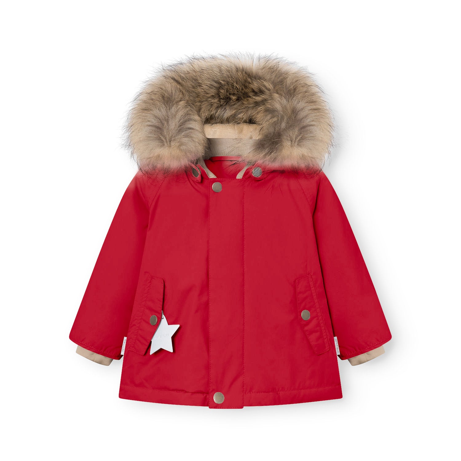 MATWALLY fleece lined winter jacket in vibrant red with a detachable real fur hood trim in natural tones, press-stud front closure, angled front pockets, and a white reflective star charm hanging from the left pocket, displayed flat to show the beige fleece lining visible at the cuffs.