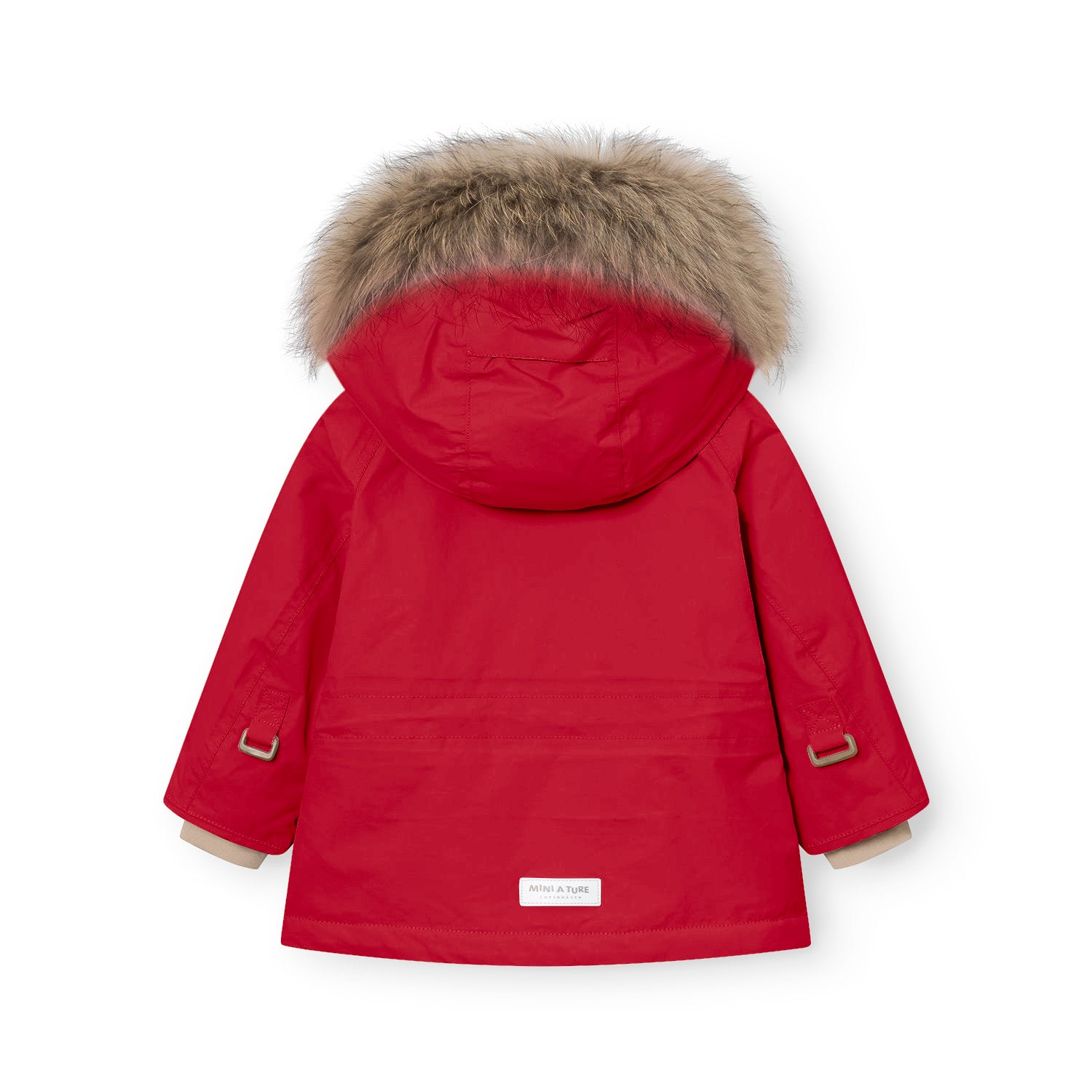 Rear view of the MATWALLY fleece lined winter jacket in vibrant red, showing the detachable real fur hood trim in natural tones, shaped sleeves with improved fitting, branded MINI A TURE label at the hem, and beige fleece lining visible at the cuffs and collar.