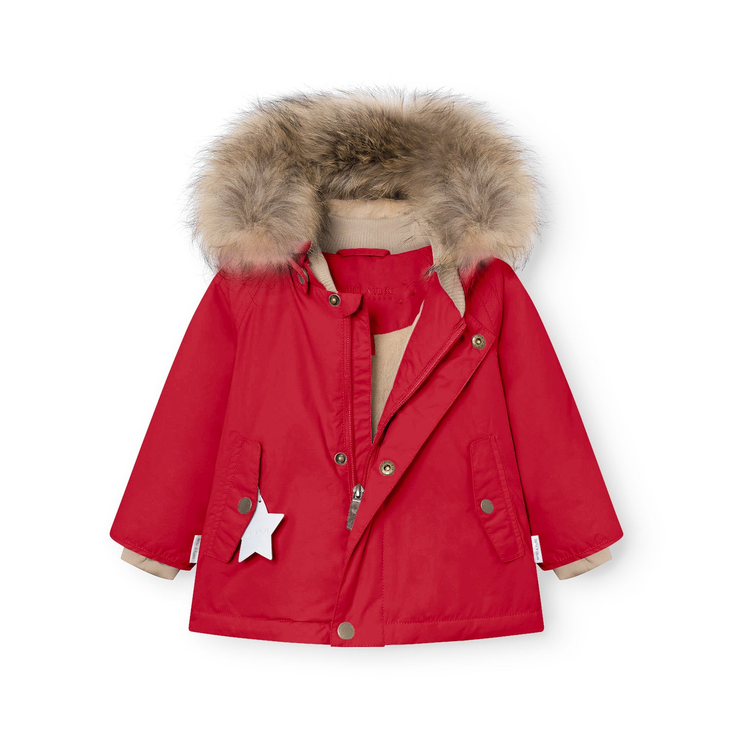 MATWALLY fleece lined winter jacket in bright red with the hidden centre-front zip partially open, showing the soft beige fleece lining, ribbed collar, press-stud closure, angled front pockets, and a white reflective star charm hanging from the left pocket, with the detachable real fur hood trim in natural tones displayed at the top.