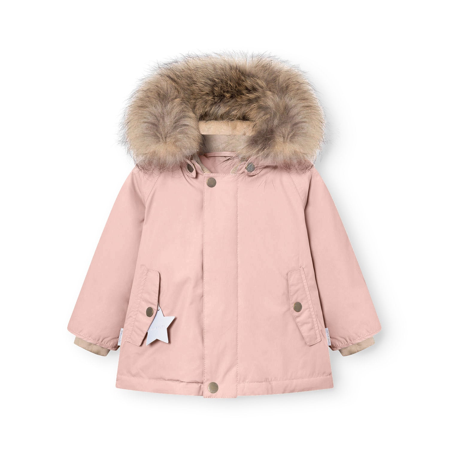 MATWALLY fleece lined winter jacket in dusty pink with a generous detachable real fur hood trim, press-stud front closure, angled front pockets, and a white reflective star charm hanging from the left pocket, displayed flat to show the soft beige fleece lining visible at the cuffs.
