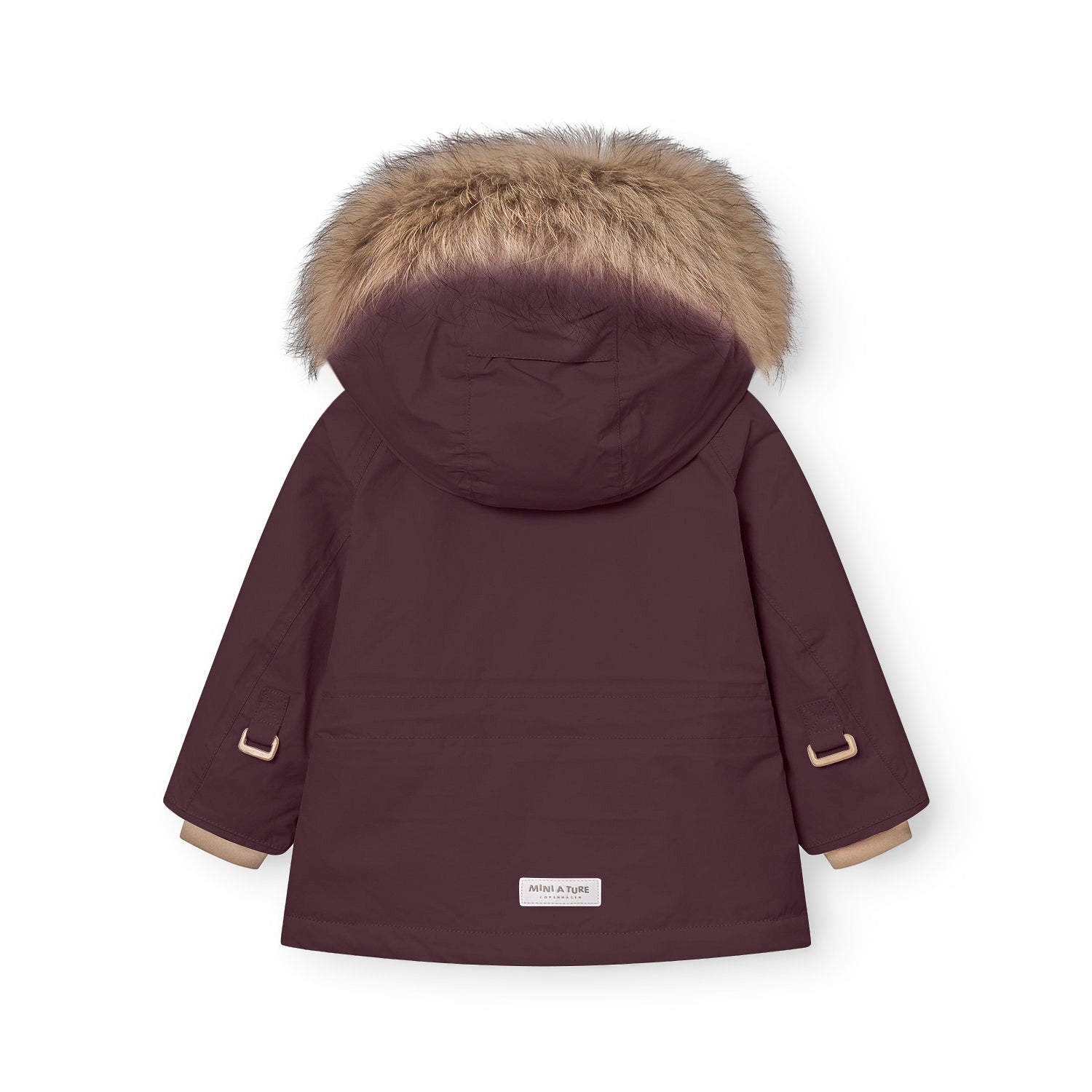 Rear view of the MATWALLY fleece lined winter jacket in burgundy, showing the detachable real fur hood trim, improved sleeve fitting and MINI A TURE branding label at the hem.