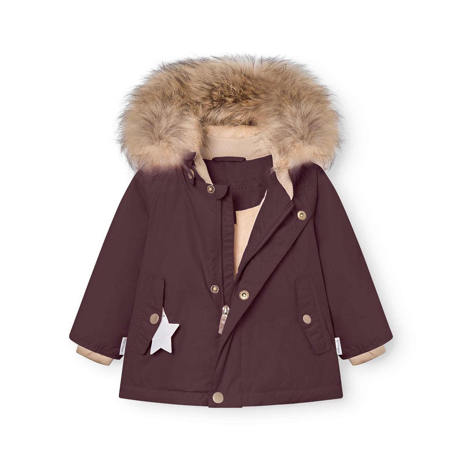 MATWALLY fleece lined winter jacket in deep burgundy with a generous real fur hood trim, showing the soft rib collar construction for the smallest sizes, press-stud front closure and reflective white star detail on the right pocket.