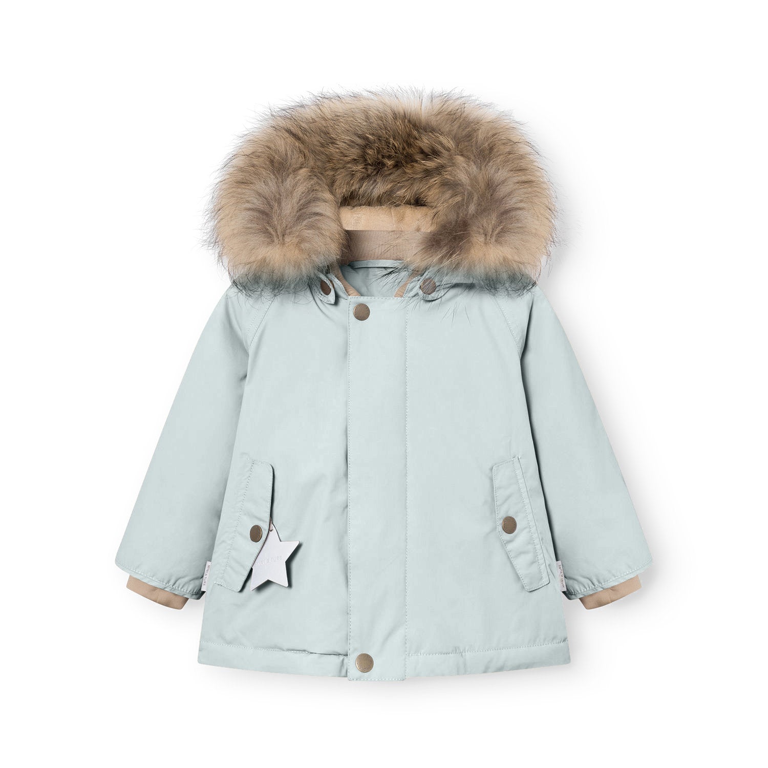 MATWALLY fleece lined winter jacket in soft pale blue with a detachable real fur hood trim in natural tones, press-stud front closure, angled front pockets, and a white reflective star charm hanging from the left pocket, displayed flat to show the beige fleece lining visible at the cuffs.