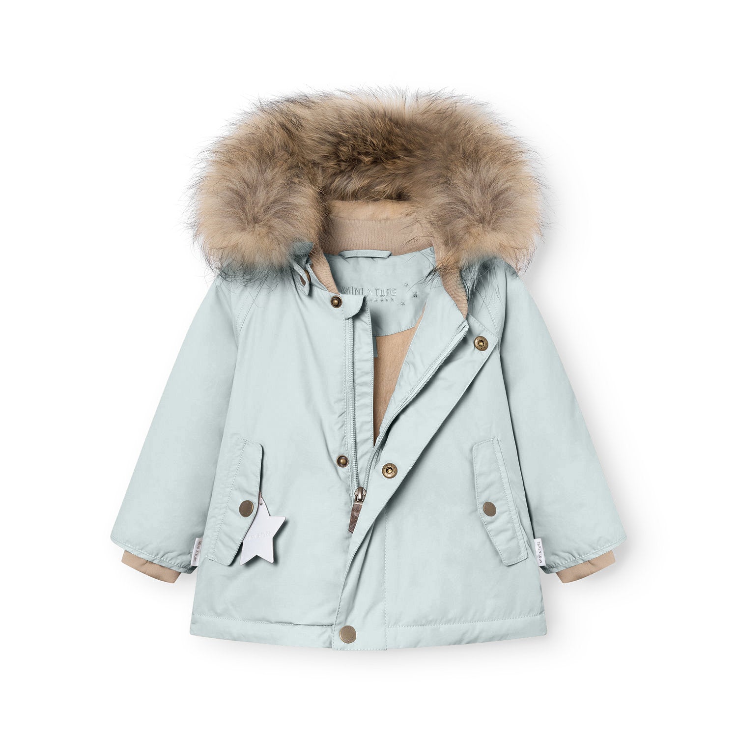 MATWALLY fleece lined winter jacket in soft pale blue with the hidden centre-front zip partially open, revealing the beige fleece lining and ribbed collar, with press-stud front closure, angled front pockets, a white reflective star charm hanging from the left pocket, and the detachable real fur hood trim in natural tones displayed at the top.