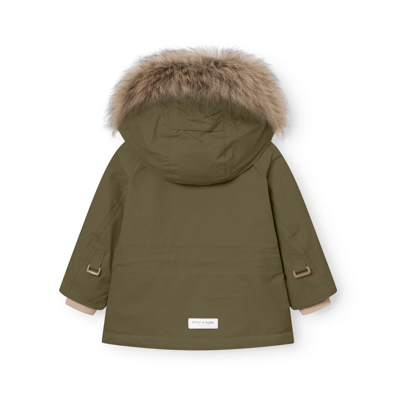 Rear view of the MATWALLY fleece lined winter jacket in olive green, featuring the detachable real fur hood trim in natural tones, shaped sleeves with improved fitting, branded MINI A TURE label at the hem, beige fleece lining visible at the cuffs, and adjustable sleeve tabs with metal hardware.