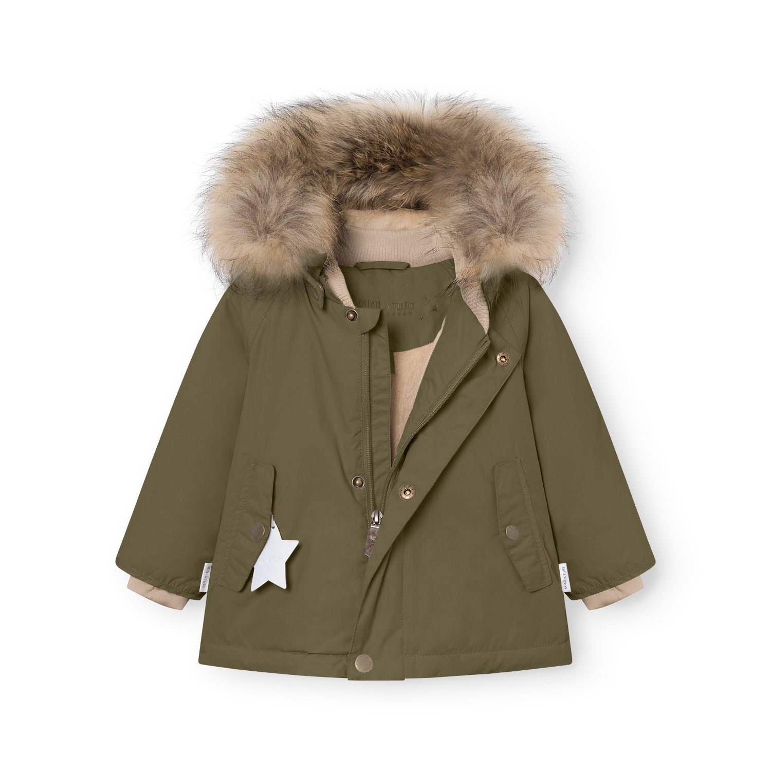 MATWALLY fleece lined winter jacket in olive green with the hidden centre-front zip fully open, displaying the beige fleece lining and ribbed collar, press-stud front closure, angled front pockets with a white reflective star charm hanging from the left pocket, and the detachable real fur hood trim in natural tones positioned at the collar.