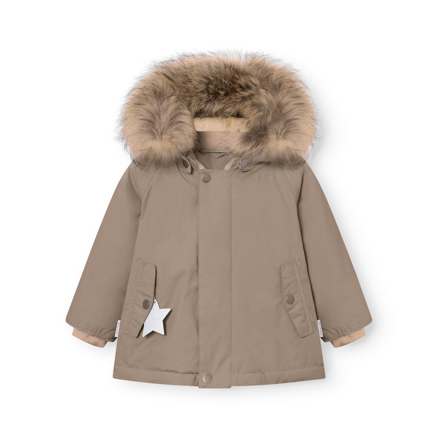 MATWALLY fleece lined winter jacket in warm taupe with a detachable real fur hood trim in natural tones, press-stud front closure, angled front pockets, a white reflective star charm hanging from the left pocket, and beige fleece lining visible at the cuffs, displayed flat against a white background.