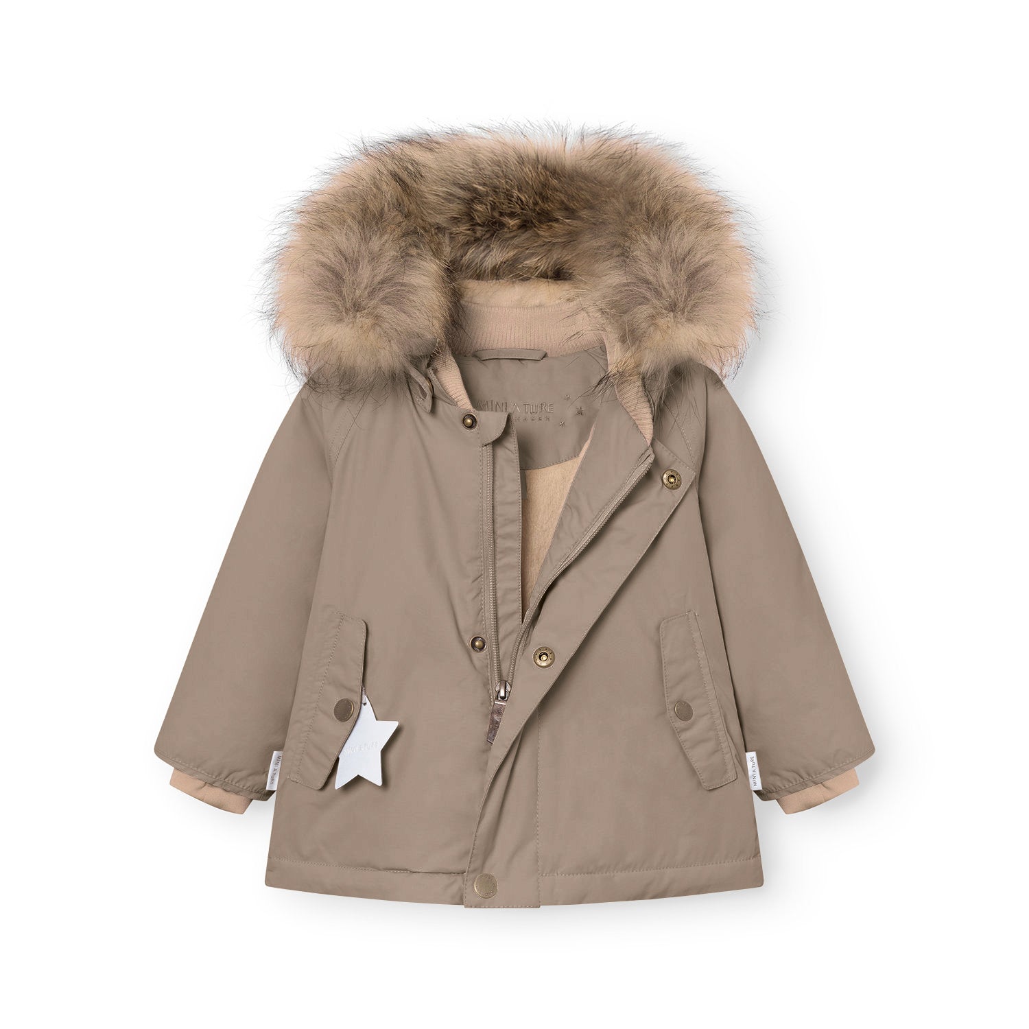 MATWALLY fleece lined winter jacket in warm taupe with the hidden centre-front zip fully open, exposing the beige fleece lining and internal press-stud placket, angled front pockets, a white reflective star charm hanging from the left pocket, and the detachable real fur hood trim in natural tones framing the collar.
