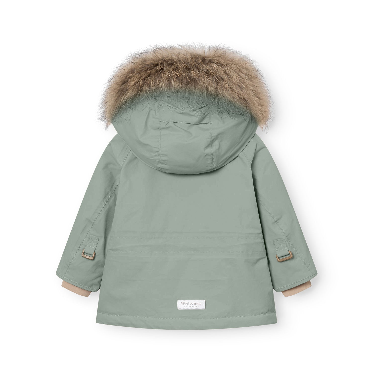 Rear view of the MATWALLY fleece lined winter jacket in muted sage green, displaying the detachable real fur hood trim in natural tones, shaped sleeves with improved fitting, branded MINI A TURE label at the hem, and beige fleece lining visible at the cuffs.