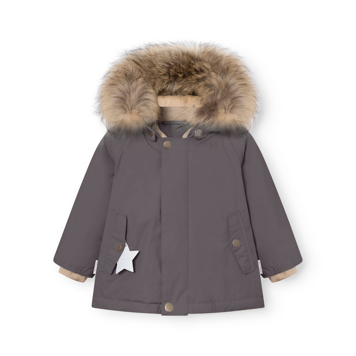 MATWALLY fleece lined winter jacket in charcoal grey with a detachable real fur hood trim, displayed flat to show the press-stud front closure, angled front pockets with white reflective star detail, and the beige fleece lining visible at the cuffs and collar.