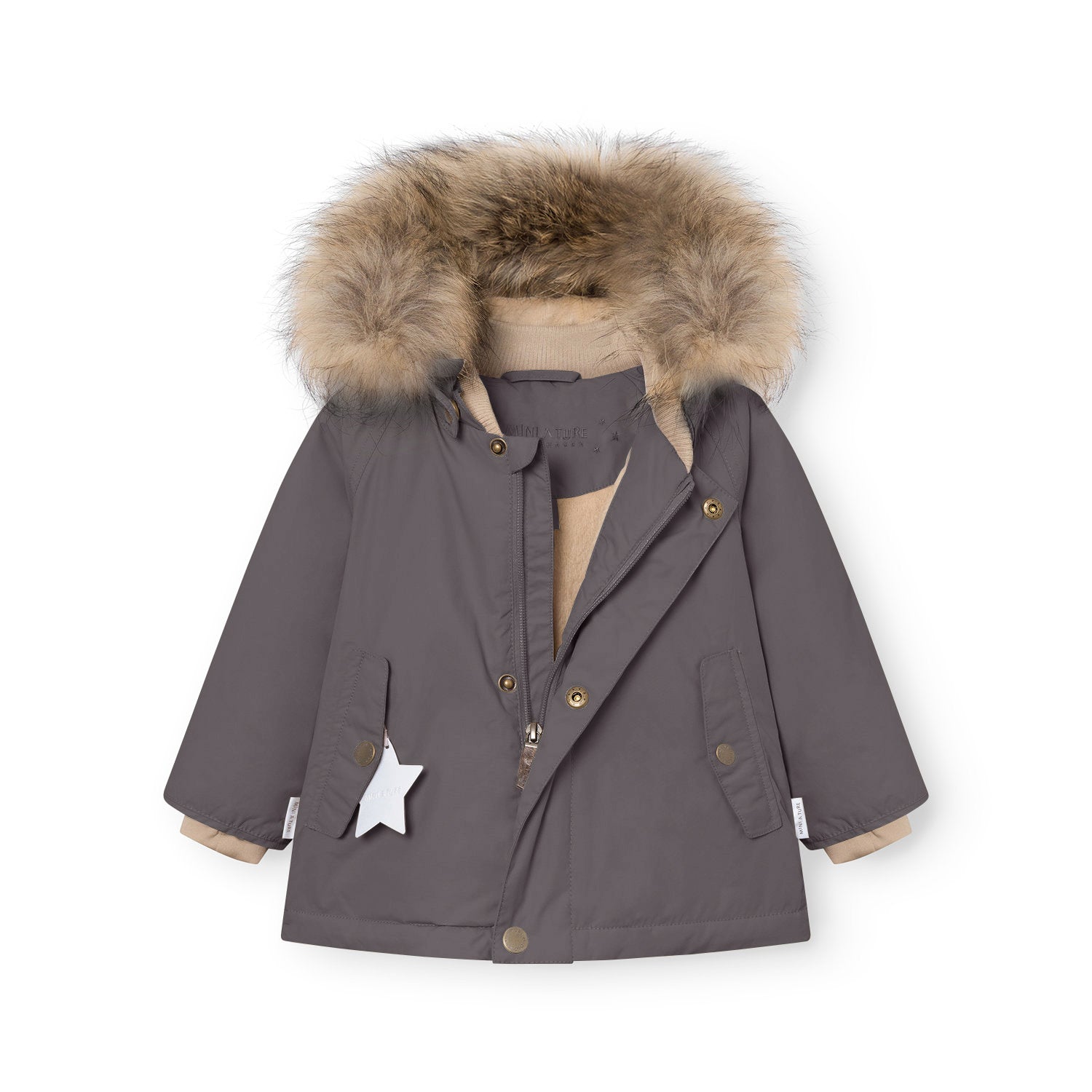 MATWALLY fleece lined winter jacket in charcoal grey with a detachable real fur hood trim, shown with the hidden centre-front zip partially open to reveal the soft beige fleece lining and the press-stud closure system, with a white reflective star detail visible on the right pocket.