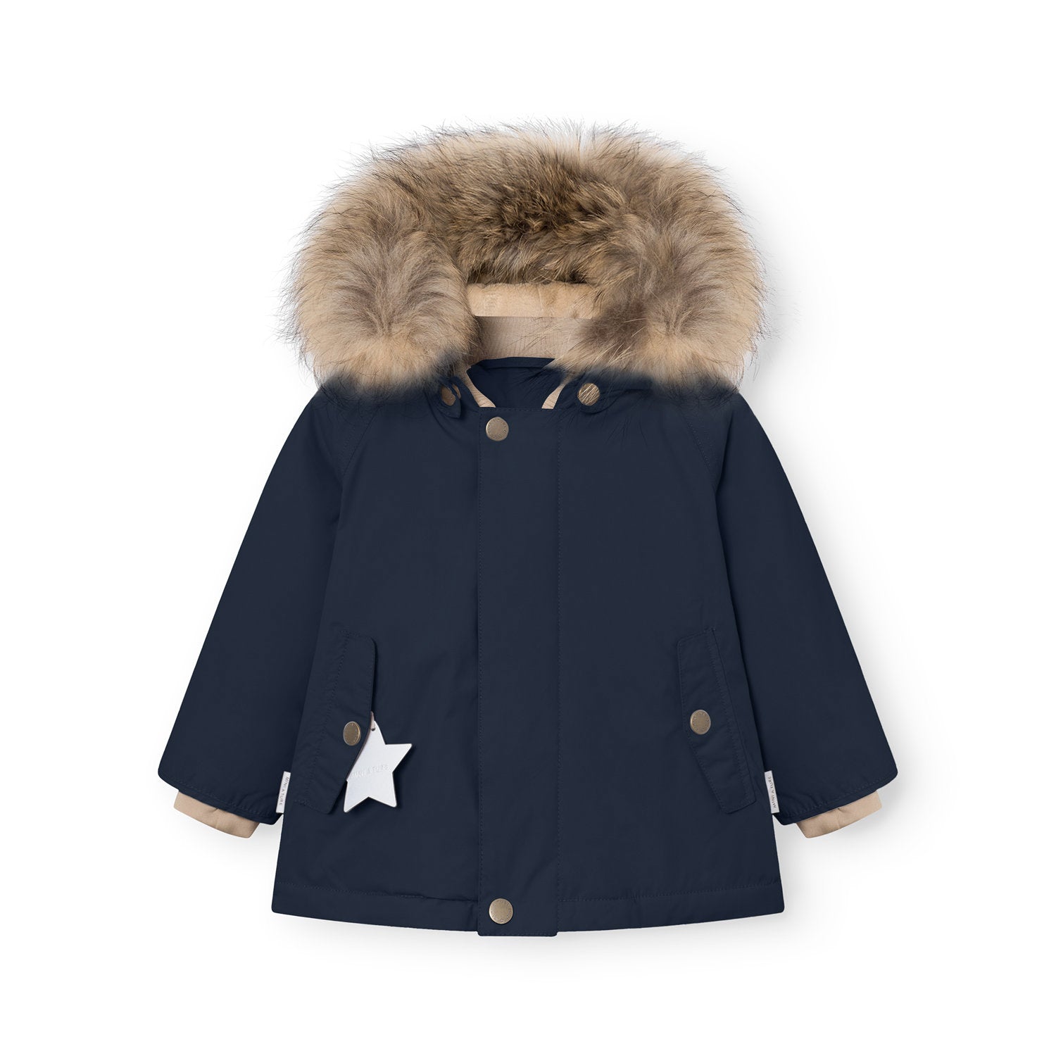 MATWALLY fleece lined winter jacket in deep navy blue with a detachable real fur hood trim in natural tones, press-stud front closure, angled front pockets, and a white reflective star charm hanging from the left pocket, displayed flat to show the beige fleece lining visible at the cuffs.