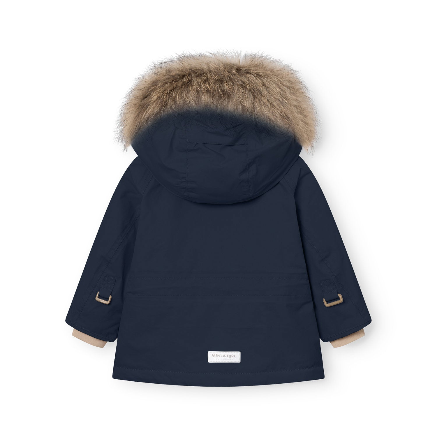 Rear view of the MATWALLY fleece lined winter jacket in deep navy blue, showing the detachable real fur hood trim in natural tones, shaped sleeves with improved fitting for natural movement, branded MINI A TURE label at the hem, and beige fleece lining visible at the cuffs.