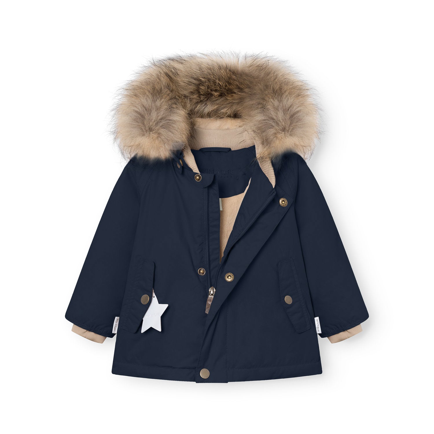 MATWALLY fleece lined winter jacket in deep navy blue with the hidden centre-front zip partially open, revealing the beige fleece lining and ribbed collar, press-stud front closure, angled front pockets, a white reflective star charm hanging from the left pocket, and the detachable real fur hood trim in natural tones framing the collar.