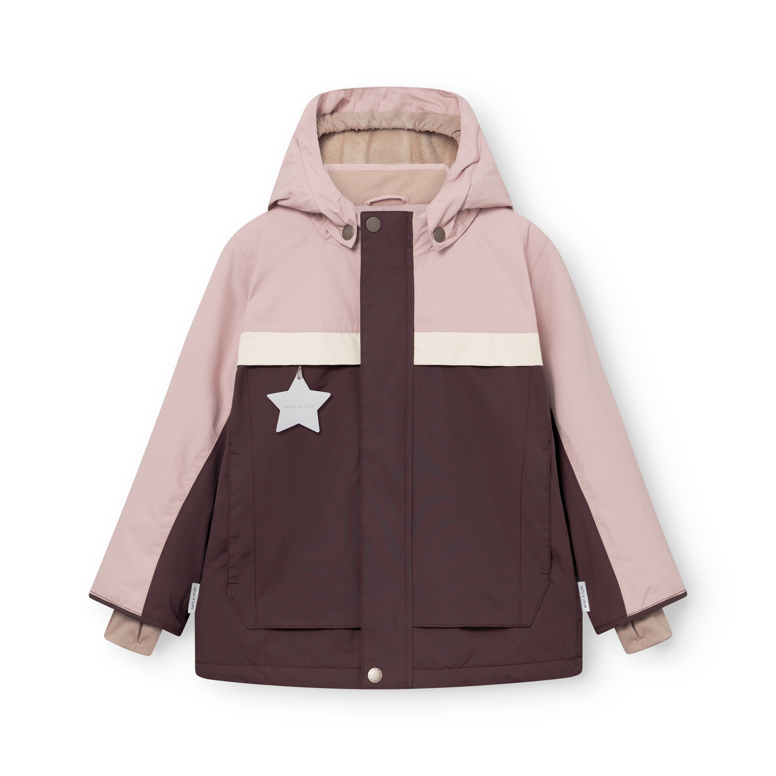 MATWALDO fleece lined winter jacket in a colourblock design of brown sugar, cream and baby blue, shown flat with the detachable hood attached, hidden centre-front zip fastened, two front pockets with snap closures and a 70 lux reflective star detail visible on the lower front panel.