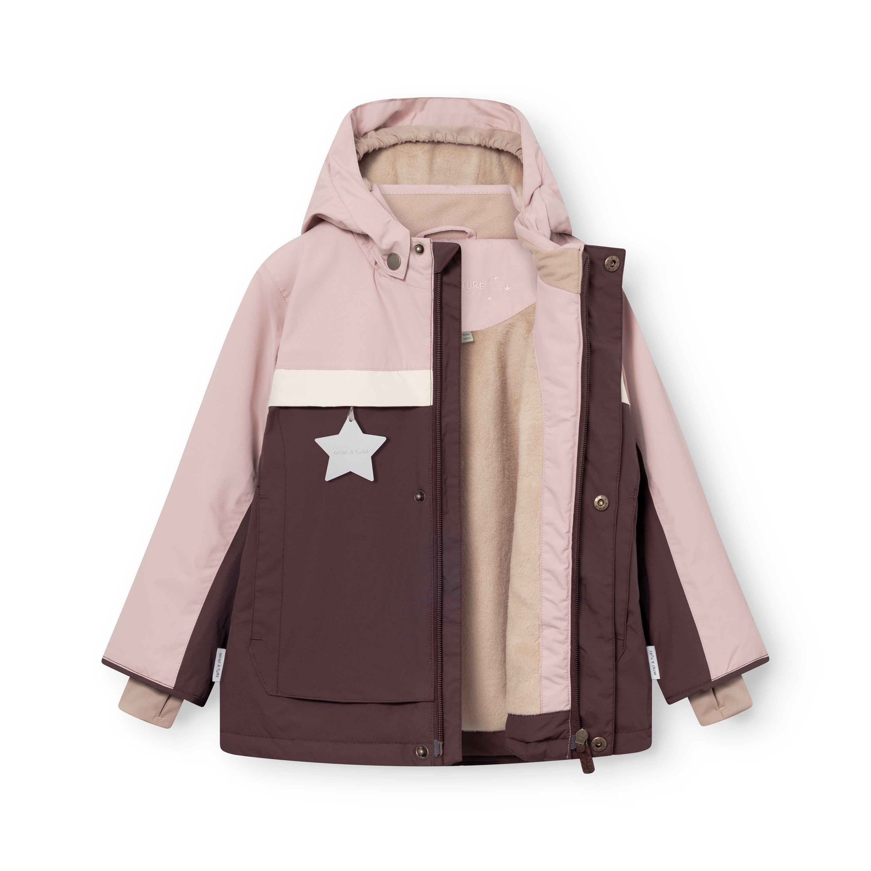 MATWALDO fleece lined winter jacket displayed open to show the beige fleece lining, THERMOLITE insulation, adjustable internal waist and snow cuffs with thumb openings, in a colourblock design of soft pink, cream and deep plum with a reflective star detail on the lower front panel.