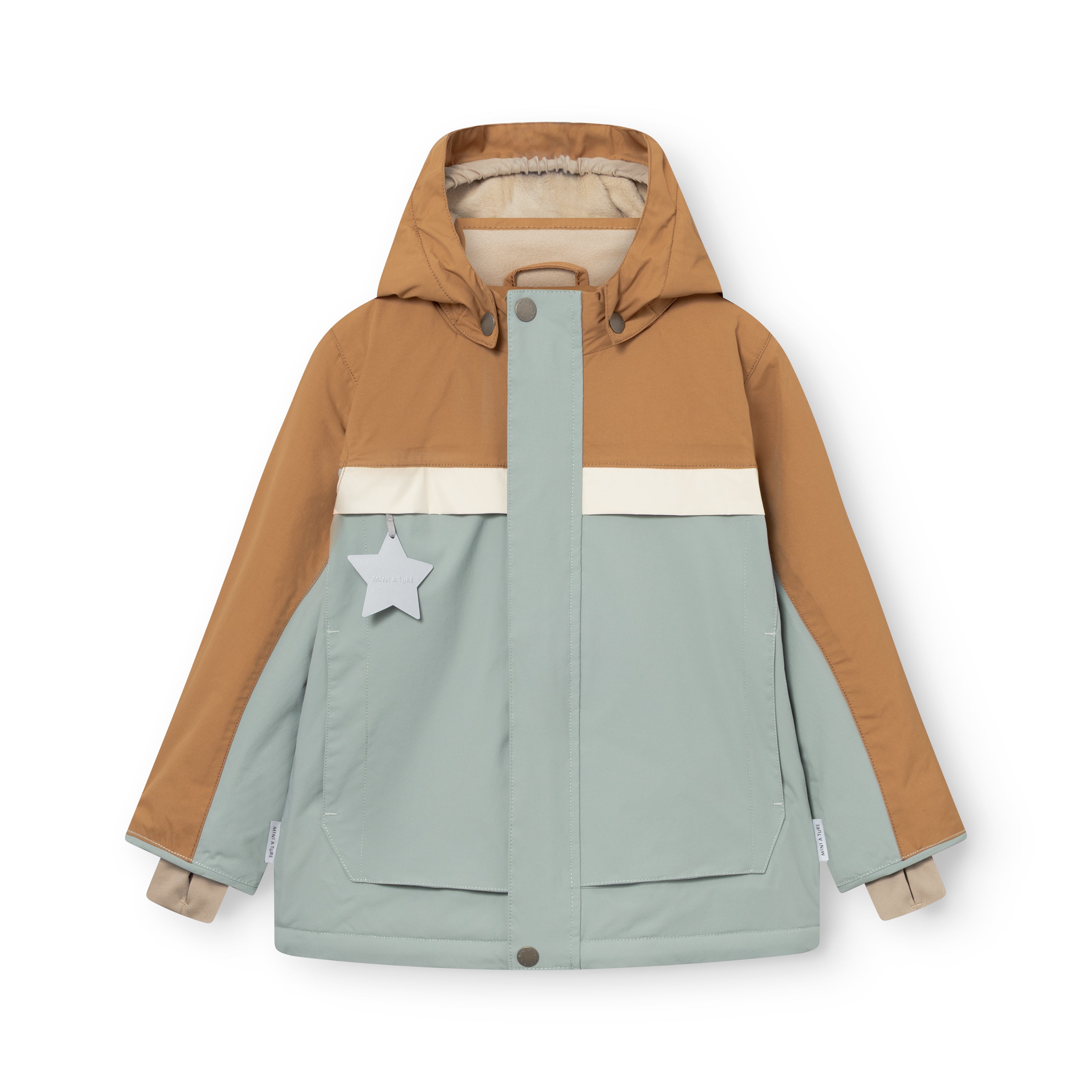 MATWALDO fleece lined winter jacket laid flat, showing the detachable hood with snap buttons, hidden centre-front zip, two front pockets with snap closures and a 70 lux reflective star detail in the right pocket.